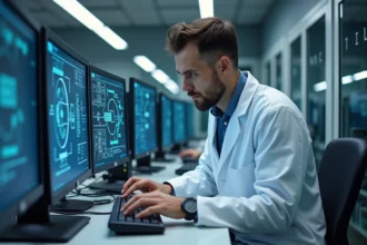 Chercheur universitaire analysant des schémas de circuits quantiques sur ordinateur dans un laboratoire académique moderne
