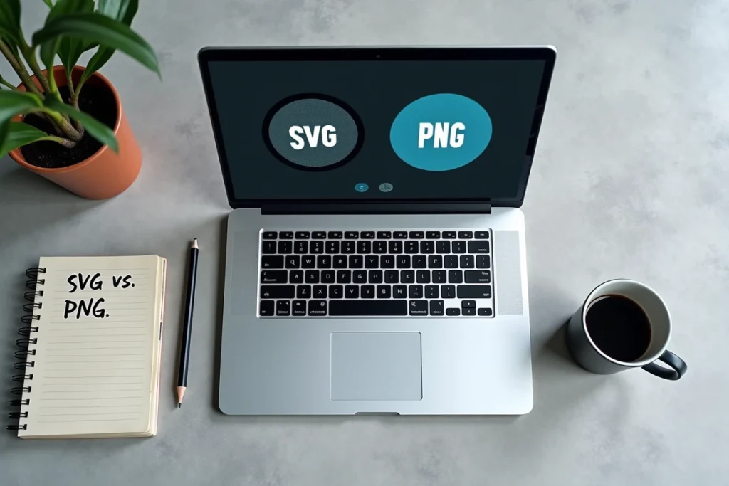 Vue aérienne d'un écran MacBook comparant la netteté d'un fichier SVG et d'un PNG zoomé