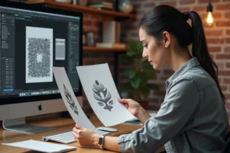 Graphiste comparant un fichier SVG vectoriel et une image PNG pixelisée sur son bureau de travail
