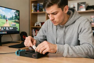 Jeune homme connectant un adaptateur USB tiers à un dock Nintendo Switch sur un bureau gaming