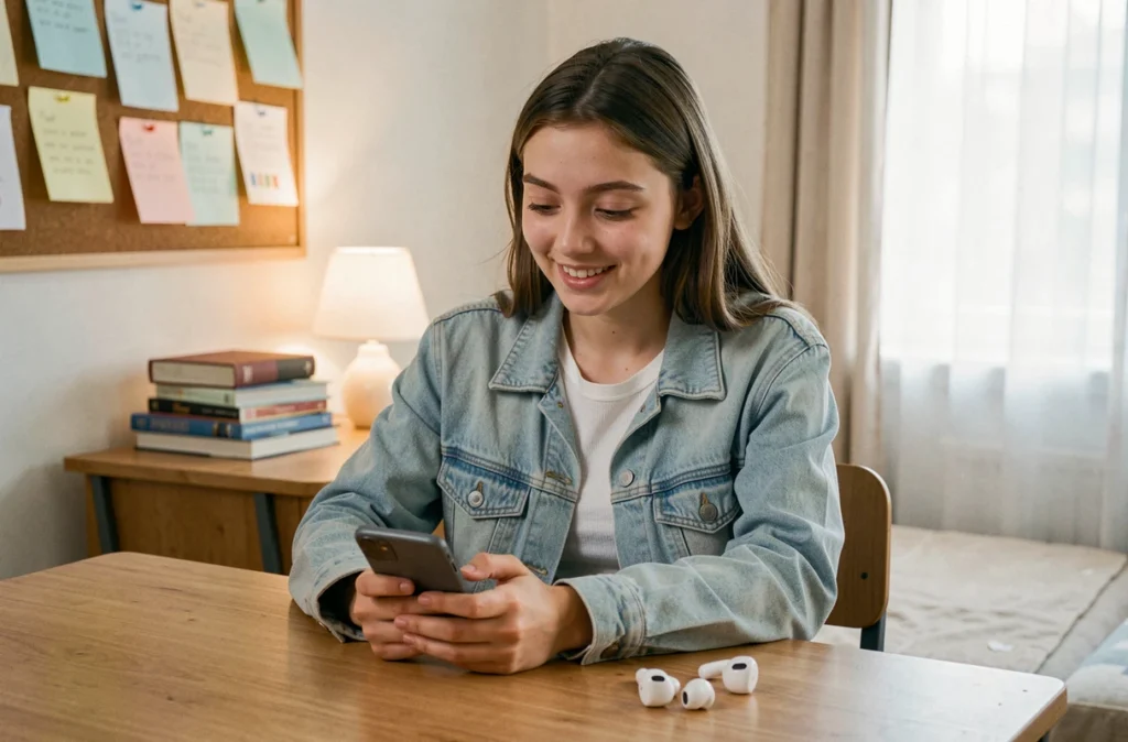 Adolescente écoutant de la musique convertie depuis YouTube en MP3 sur smartphone dans une chambre d'étudiant
