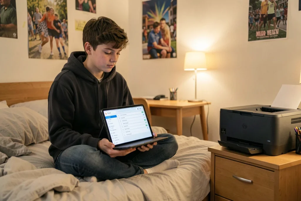 Adolescent configurant une tablette pour se connecter à une imprimante wifi dans une chambre