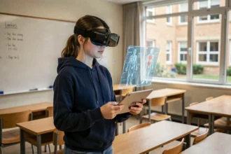 Adolescente utilisant un casque de réalité augmentée avec une tablette dans une salle de classe moderne