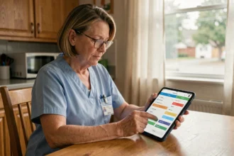 Aide à domicile consultant un logiciel de planification de tournées sur tablette dans une maison