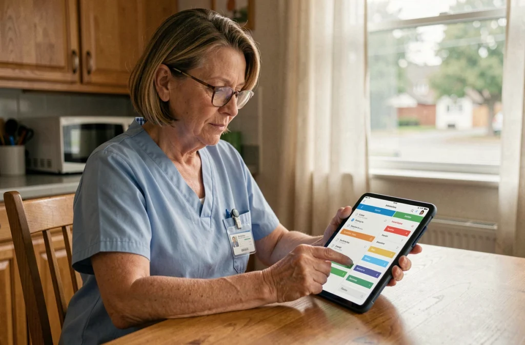 Aide à domicile consultant un logiciel de planification de tournées sur tablette dans une maison