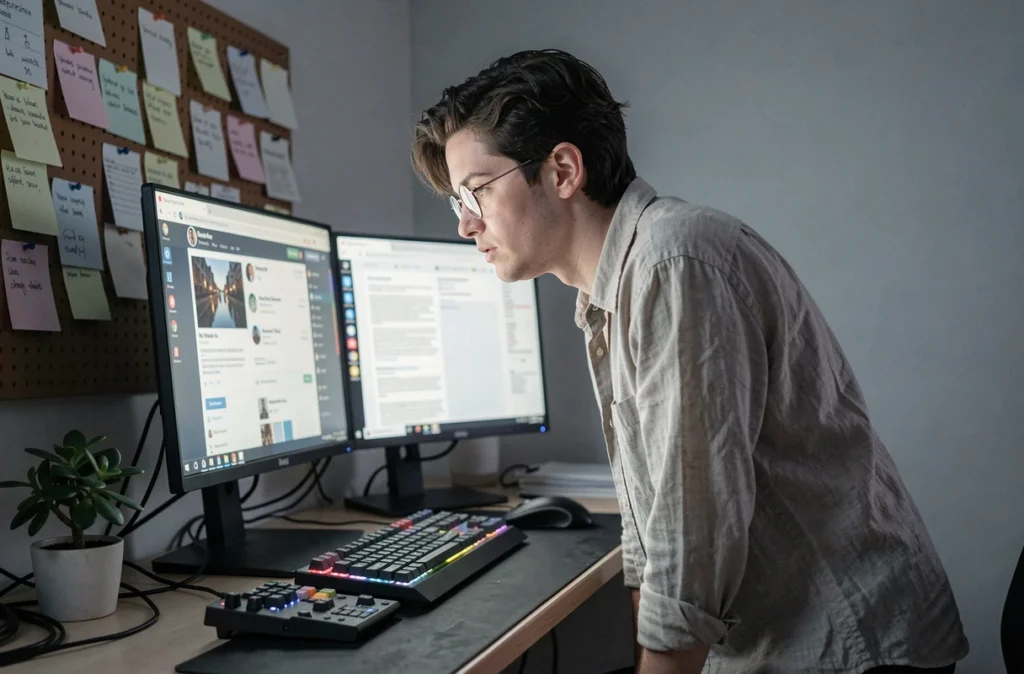 Personne analysant un profil Instagram sur un double écran dans un studio créatif à domicile, représentant les erreurs d'identité lors de la consultation anonyme de comptes Instagram