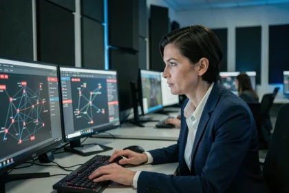 Analyste en cybersécurité travaillant sur des tableaux de bord de surveillance réseau dans un centre d'opérations de sécurité moderne