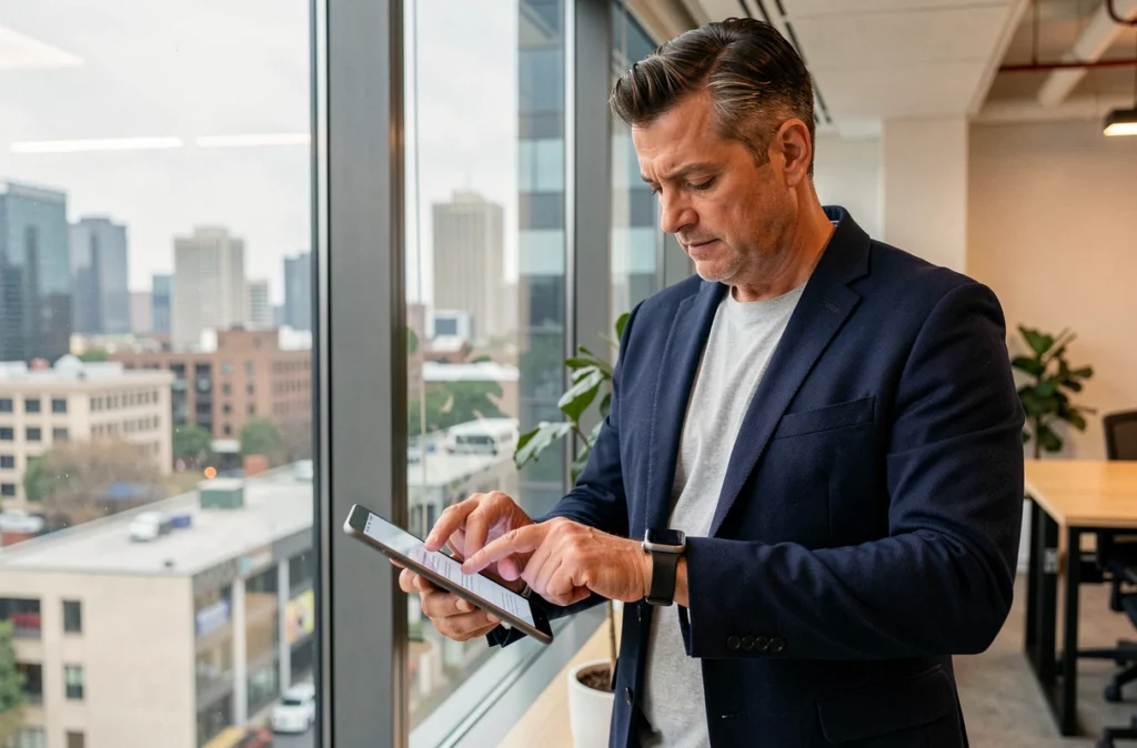 Homme d'affaires authentifiant un accès professionnel via tablette et montre connectée dans un espace de co-working moderne