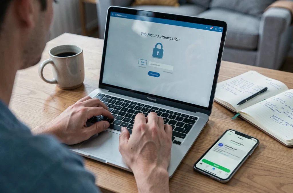 Authentification à deux facteurs sur un ordinateur portable en télétravail, illustrant les nouvelles normes de sécurité informatique pour les employés à distance
