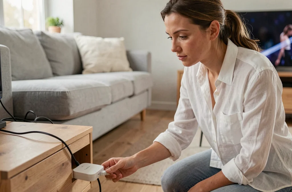 Femme branchant un câble ethernet sur sa Freebox dans un salon moderne pour effectuer sa première connexion