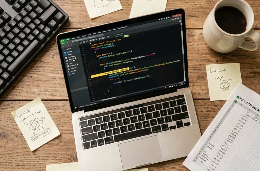 Vue de dessus d'un bureau de développeur avec code VBA For Loop visible sur écran laptop et notes manuscrites