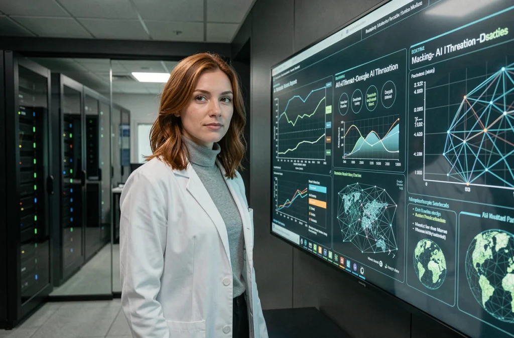 Chercheuse en sécurité informatique interagissant avec un écran tactile affichant des graphiques de détection de menaces par intelligence artificielle dans un laboratoire high-tech