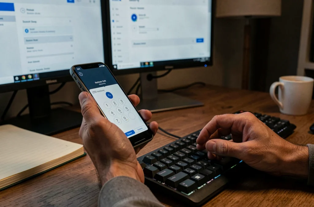 Gros plan sur des mains saisissant un code OTP de double authentification sur smartphone pour sécuriser un accès à un compte professionnel