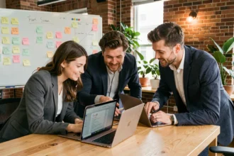 Équipe de professionnels collaborant en temps réel sur Google Docs autour d'une table de réunion dans un bureau moderne