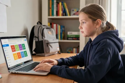 Collégienne connectée à l'ENT 41 Loir-et-Cher sur son ordinateur portable dans sa chambre