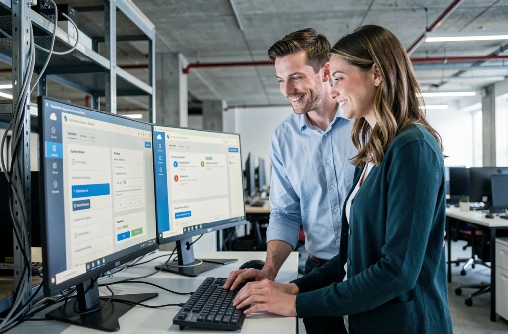 Deux collègues collaborant sur la gestion sécurisée de fichiers bureautiques via une plateforme cloud dans un espace de coworking