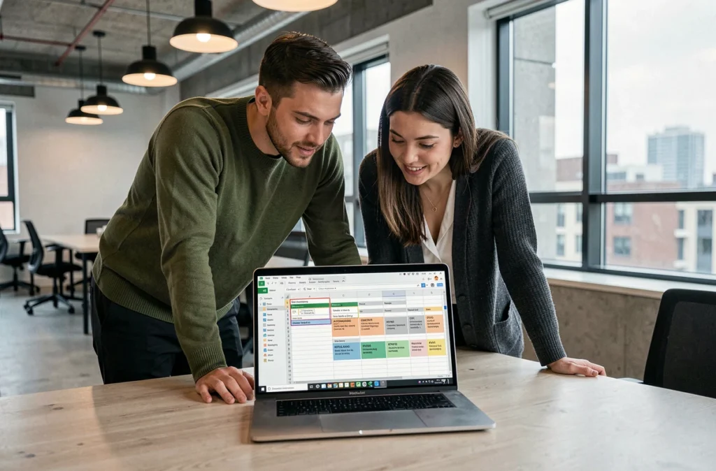 Deux collègues collaborant sur un tableau de bord Excel automatisé avec tableaux croisés dynamiques dans un espace de coworking moderne