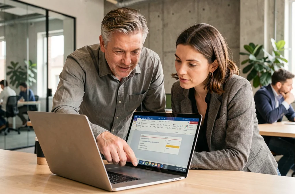 Deux collègues collaborant sur un document Microsoft Word dans un espace de coworking moderne pour optimiser la mise en page
