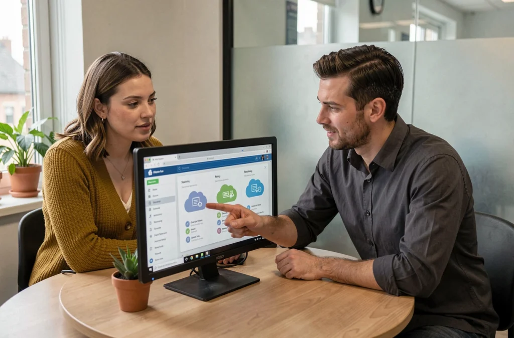 Deux collègues d'une PME comparant des solutions de stockage cloud innovantes sur un écran dans une salle de réunion moderne
