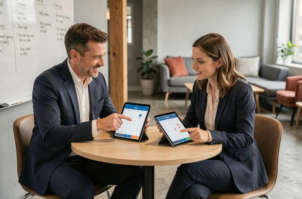 Deux collègues discutant de la synchronisation des agendas professionnels Outlook et Google Calendar sur tablettes dans un espace de coworking