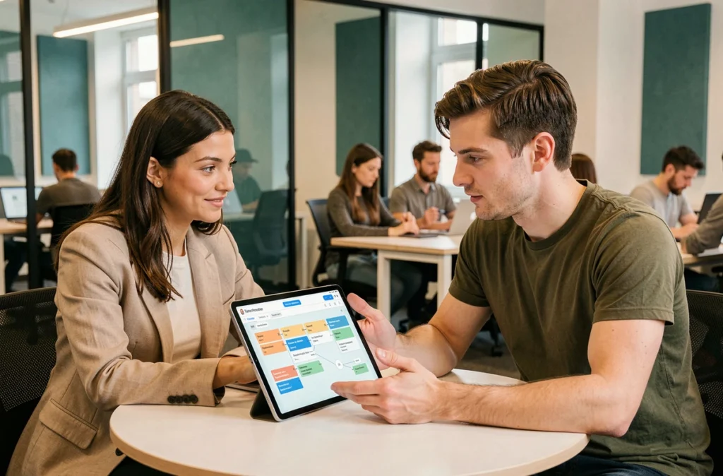 Deux collègues consultant un tableau de bord low-code sur une tablette dans un espace de coworking