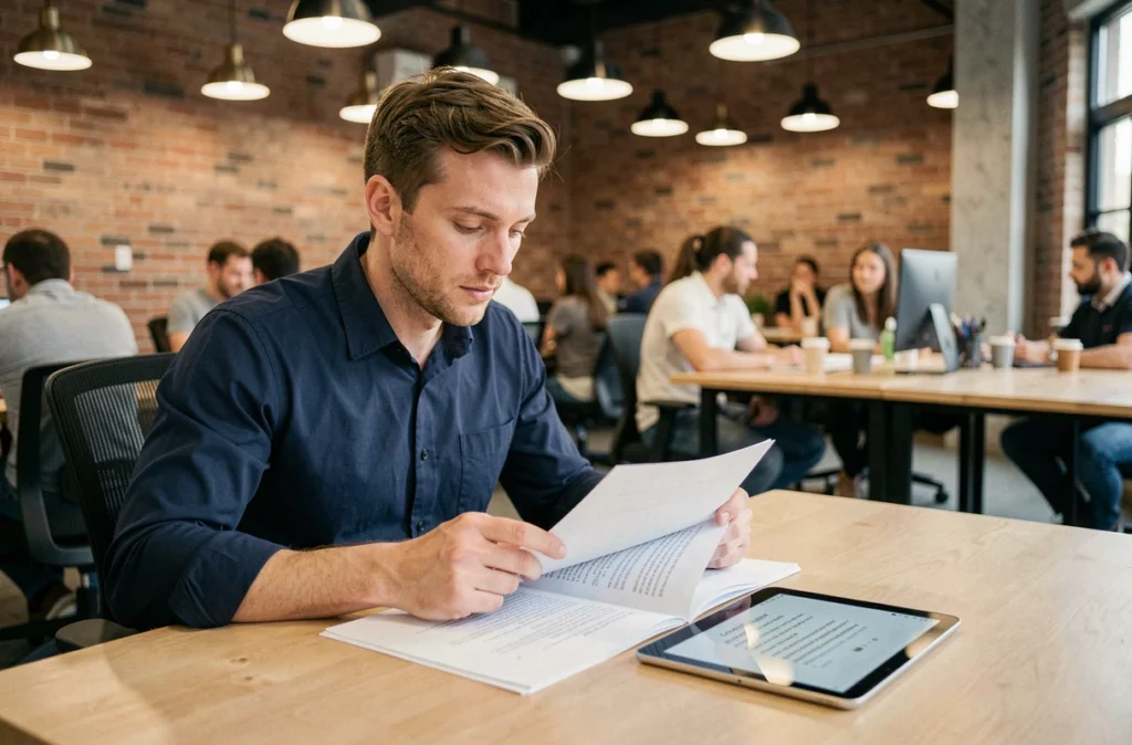 Homme comparant un texte original et sa reformulation dans un espace de coworking moderne