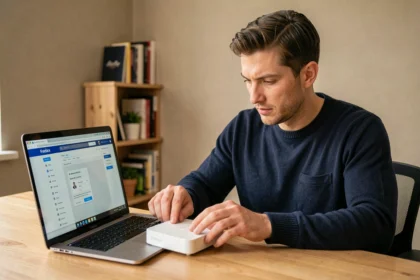 Homme configurant sa Freebox sur un ordinateur portable depuis son bureau à domicile, interface mafreebox.freebox.fr ouverte à l'écran