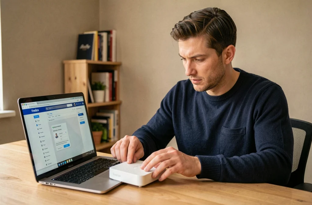 Homme configurant sa Freebox sur un ordinateur portable depuis son bureau à domicile, interface mafreebox.freebox.fr ouverte à l'écran