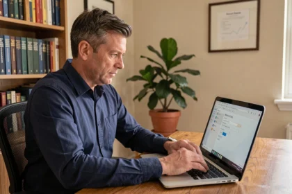 Professeur configurant sa messagerie académique ac-montpellier sur Outlook depuis son bureau à domicile