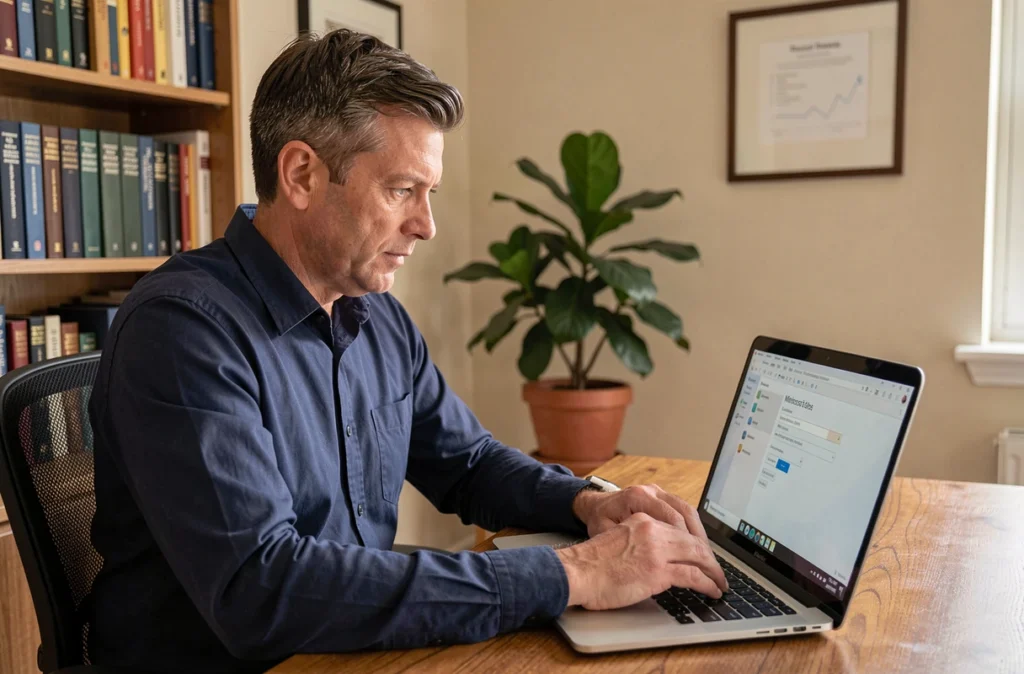 Professeur configurant sa messagerie académique ac-montpellier sur Outlook depuis son bureau à domicile