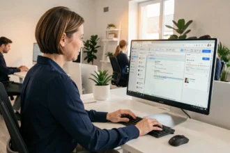 Femme professionnelle configurant une signature email normalisée sur son ordinateur de bureau dans un open-space moderne