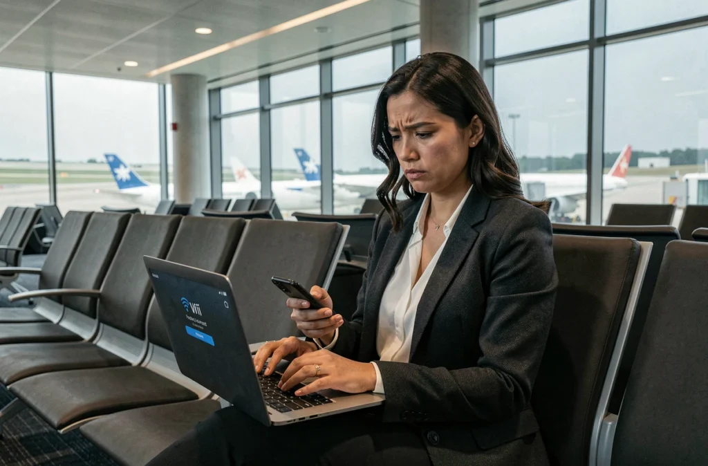 Une professionnelle connectée à un réseau wifi public dans un aéroport, exposée aux risques d'interception de données sensibles