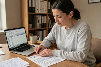 Femme consultant un tableau de conversion Go Mo sur un bureau à domicile avec des notes manuscrites et un ordinateur portable
