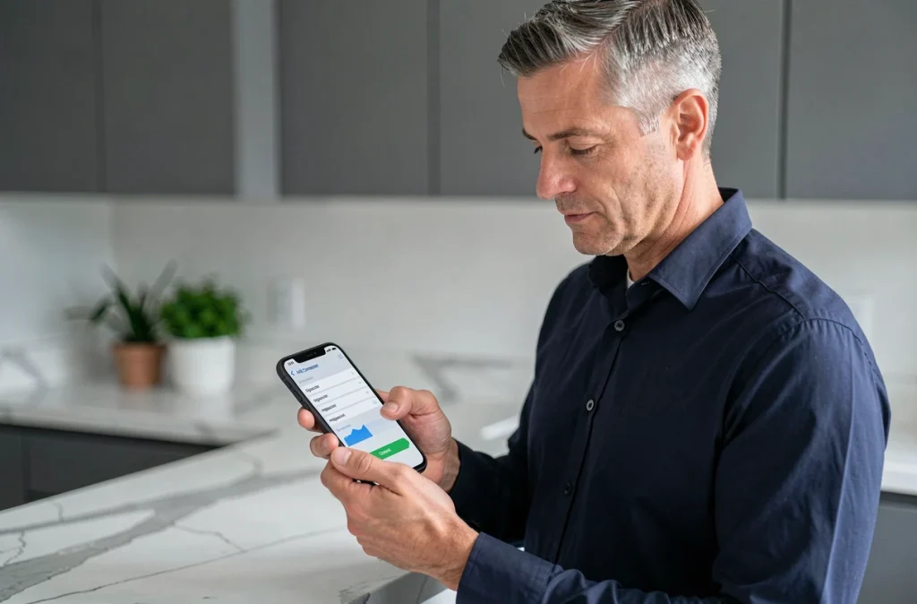 Homme utilisant une application convertisseur Go Mo sur smartphone dans une cuisine moderne
