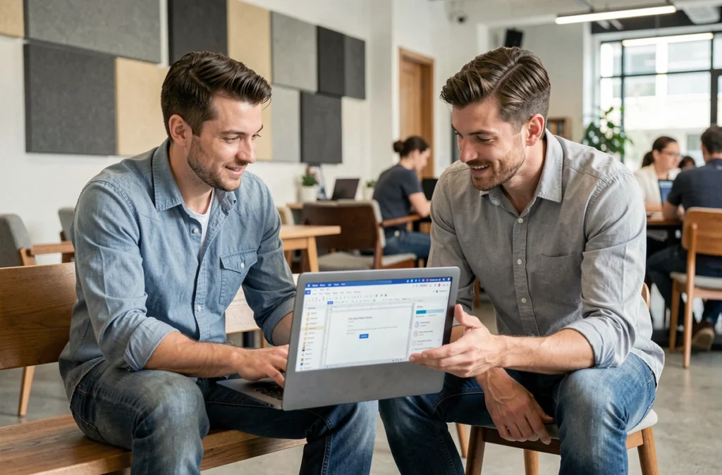 Deux collègues masculins discutant d'un document Google Docs en temps réel dans un espace de co-working moderne