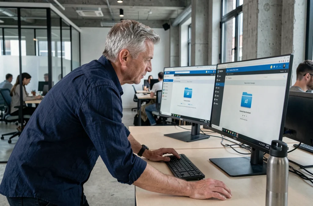 Homme en espace de coworking utilisant une solution suisse de transfert de fichiers volumineux sur double écran