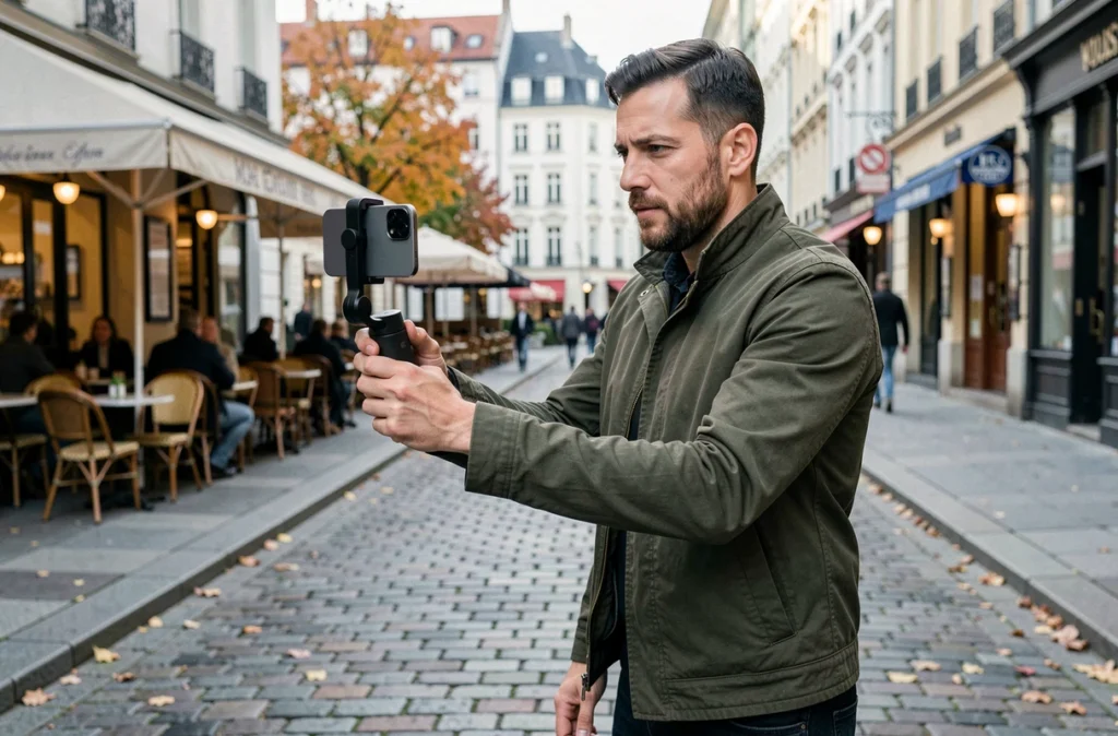 Créateur de contenu filmant en extérieur avec un Google Pixel 9 Pro XL sur cardan dans une rue pavée