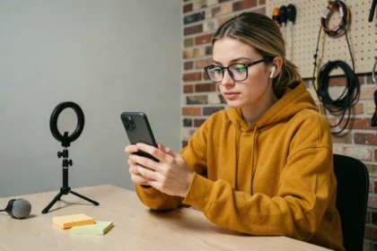 Créatrice de contenu analysant des vidéos sur un Google Pixel 9 Pro XL dans un studio maison minimaliste