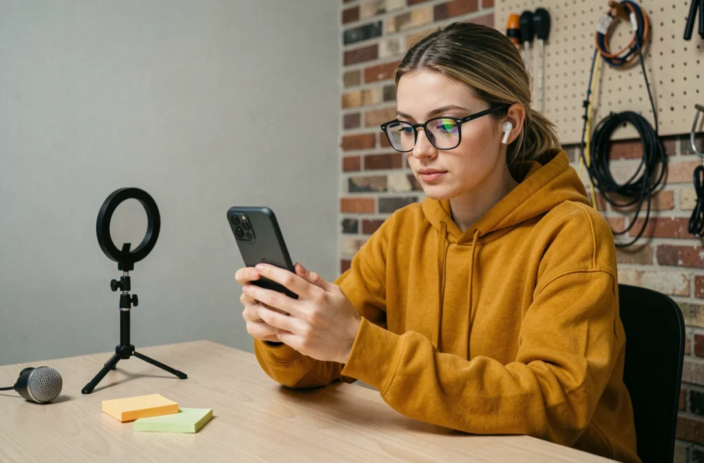 Créatrice de contenu analysant des vidéos sur un Google Pixel 9 Pro XL dans un studio maison minimaliste