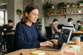 Data scientist femme travaillant sur du code Python avec un tableau de bord de visualisation de données dans un bureau moderne