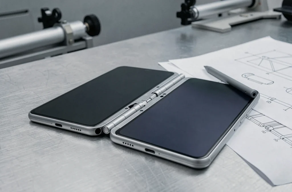 Gros plan d'un smartphone pliable ouvert à plat sur un bureau en aluminium, révélant le mécanisme de charnière et les deux écrans OLED