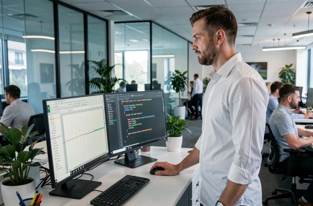 Développeur analysant une boucle For en VBA Excel sur double écran dans un bureau en open space