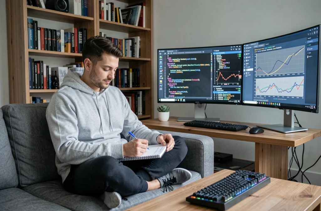 Développeur data science travaillant sur Python depuis son bureau à domicile avec deux écrans affichant des scripts et graphiques