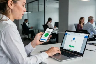 Femme en entreprise utilisant la double authentification sur smartphone et ordinateur portable pour sécuriser un compte professionnel