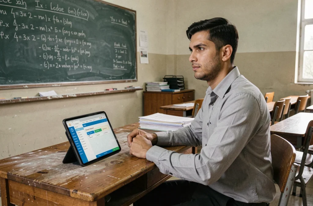 Enseignant utilisant l'ENT scolaire Loir-et-Cher sur une tablette dans une salle de classe