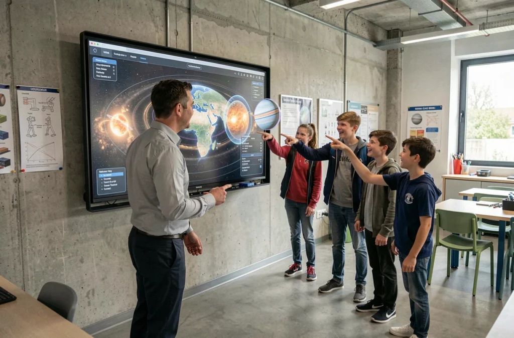 Enseignant présentant une application de réalité augmentée sur un écran interactif à des élèves en laboratoire STEM