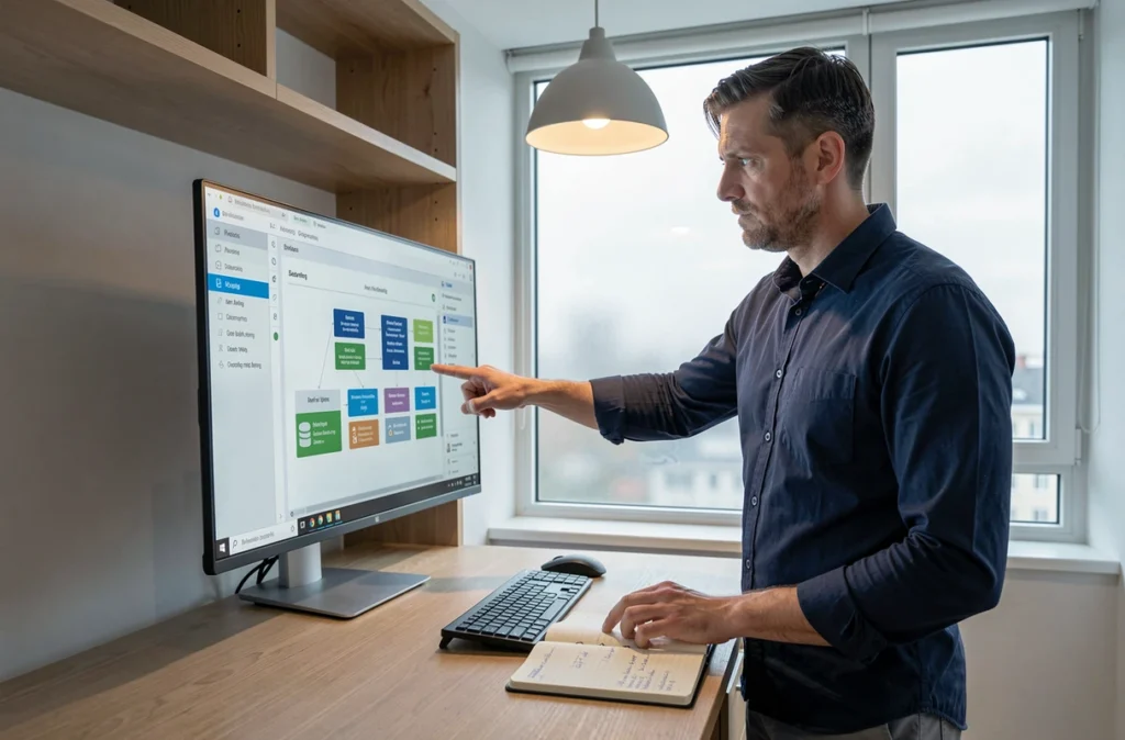Entrepreneur en télétravail développant une application avec un outil low-code sur grand écran