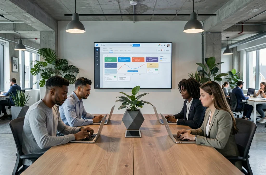 Équipe diversifiée collaborant autour d'outils numériques partagés dans un open space d'entreprise moderne