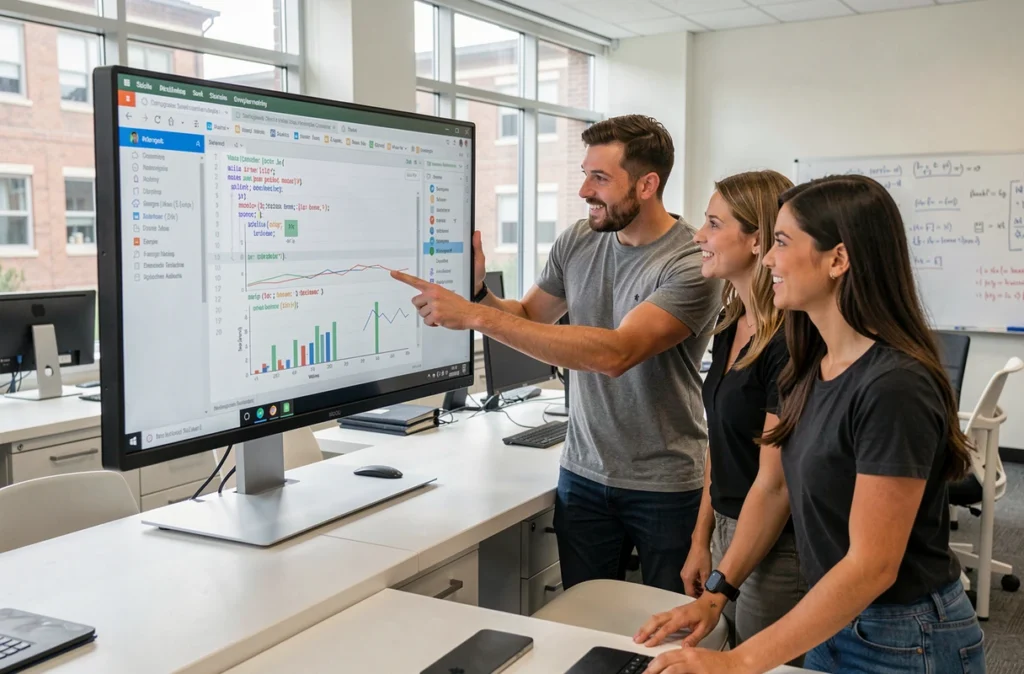 Équipe de data scientists collaborant autour d'un notebook Python dans un laboratoire universitaire moderne