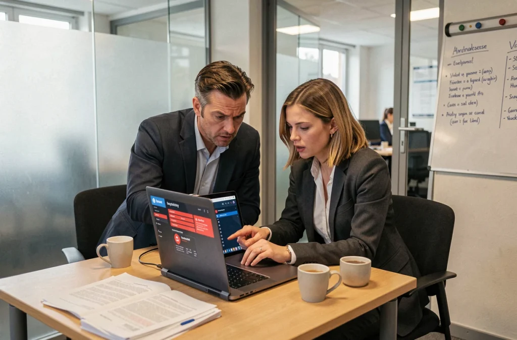 Deux employés d'une PME belge analysant un rapport d'incident de ransomware sur un ordinateur portable